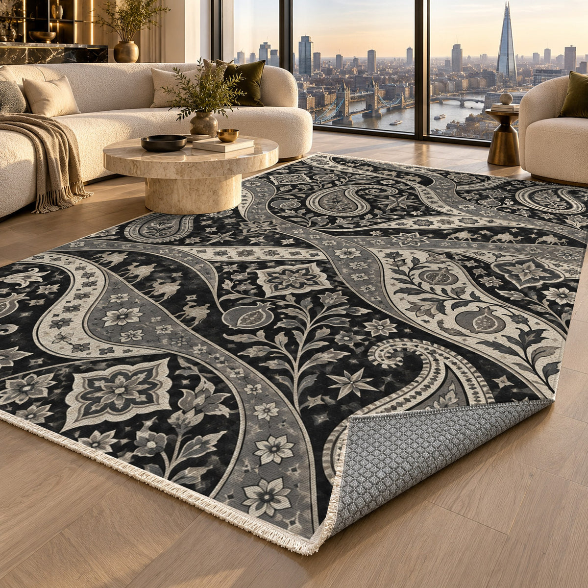 Silk Road Charcoal Ethnic Washable Rug — london luxury living
