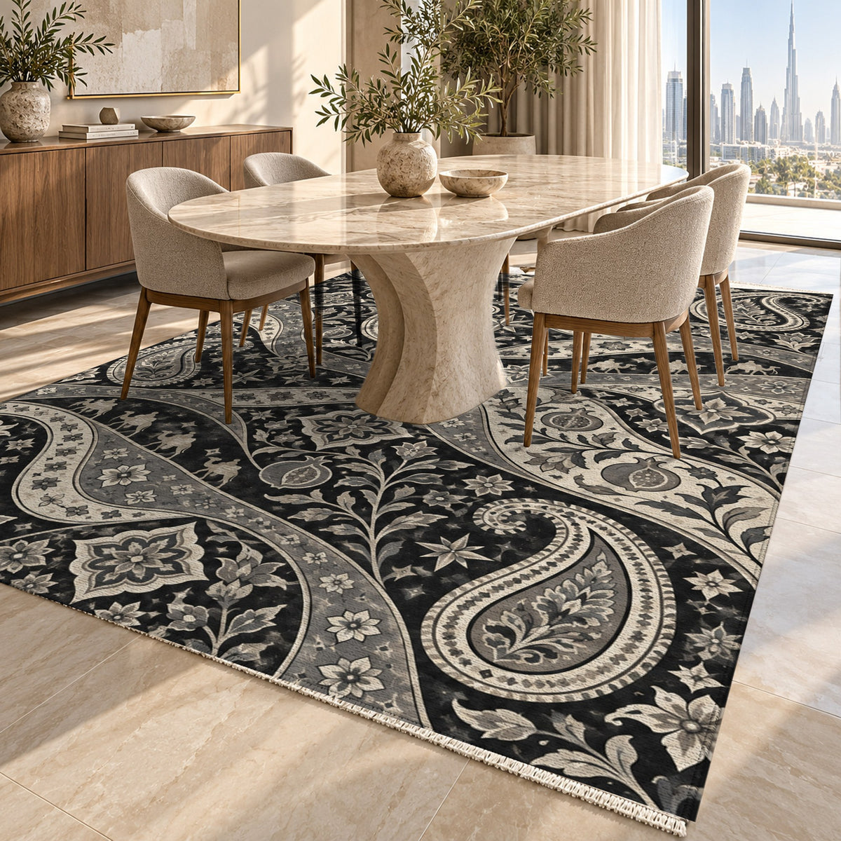 Silk Road Charcoal Ethnic Washable Rug — dubai dining