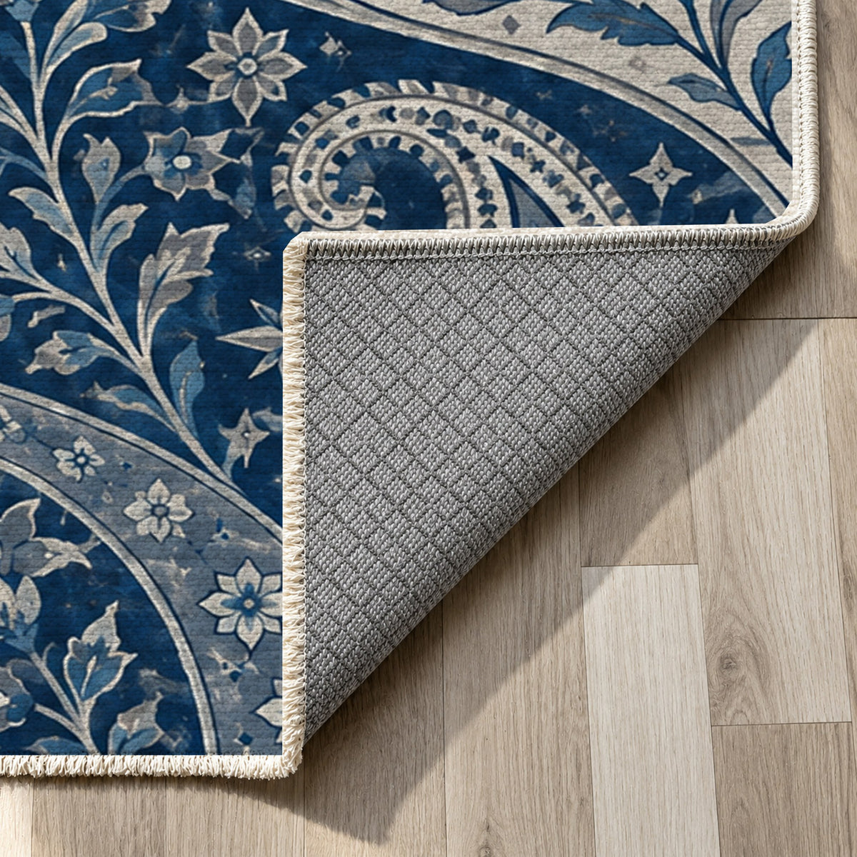 Silk Road Indigo Ethnic Washable Rug — backing close up
