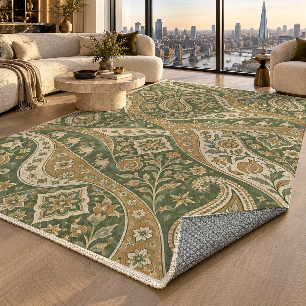 Silk Road Sage Ethnic Washable Rug — london luxury living