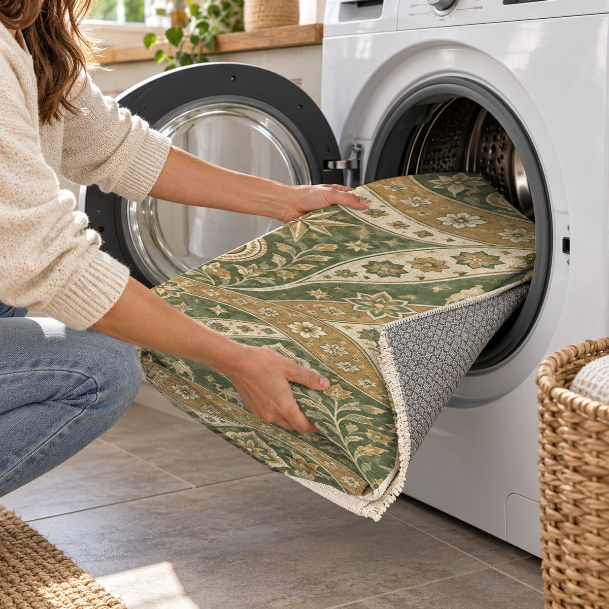 Silk Road Sage Ethnic Washable Rug — washing machine