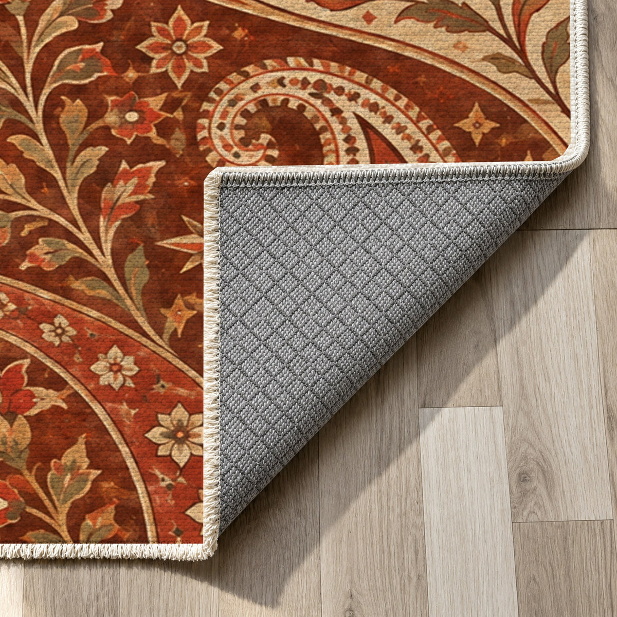 Silk Road Terracotta Ethnic Washable Rug — backing close up