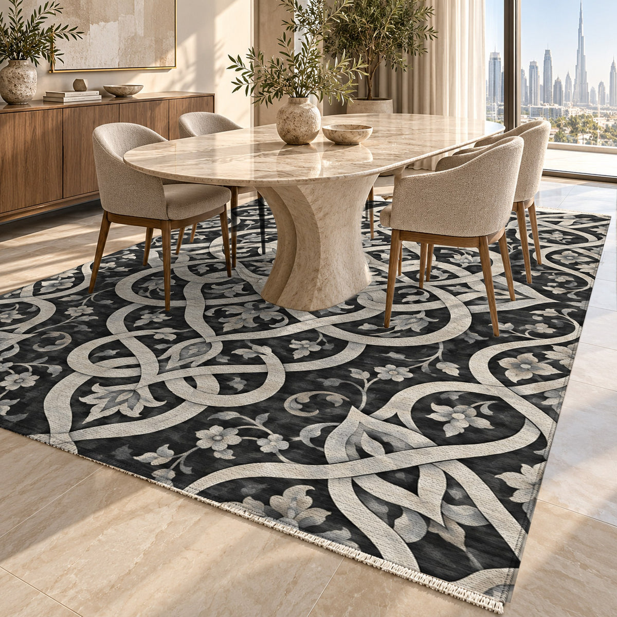 Silken Knots Charcoal Ethnic Washable Rug — dubai dining
