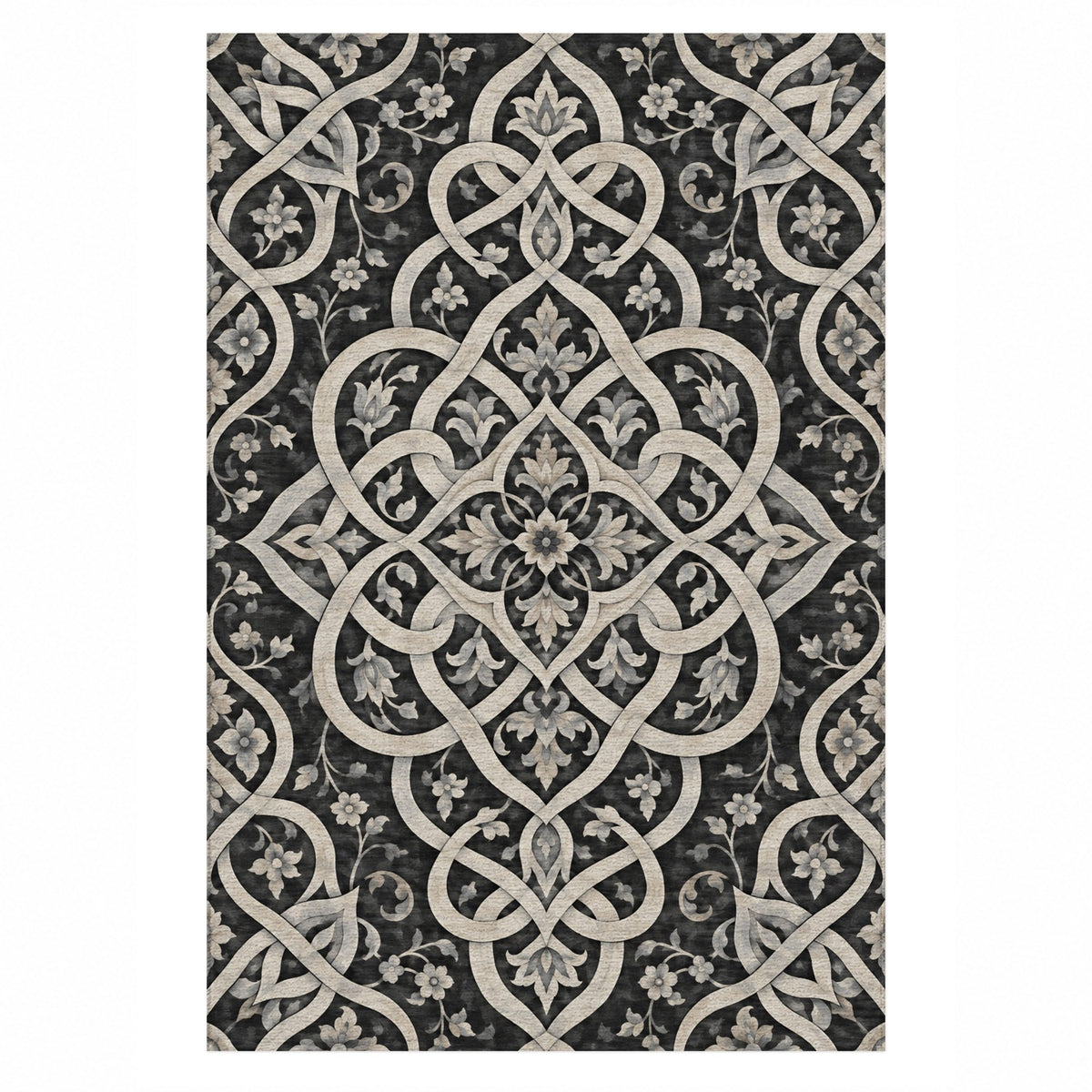 Silken Knots Charcoal Ethnic Washable Rug — top view