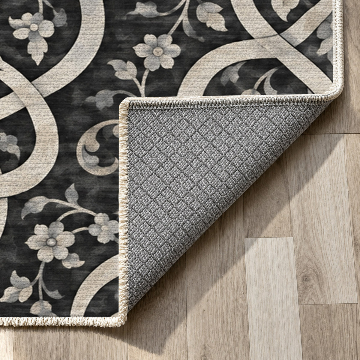 Silken Knots Charcoal Ethnic Washable Rug — backing close up