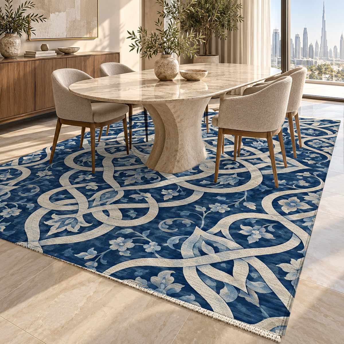 Silken Knots Indigo Ethnic Washable Rug — dubai dining