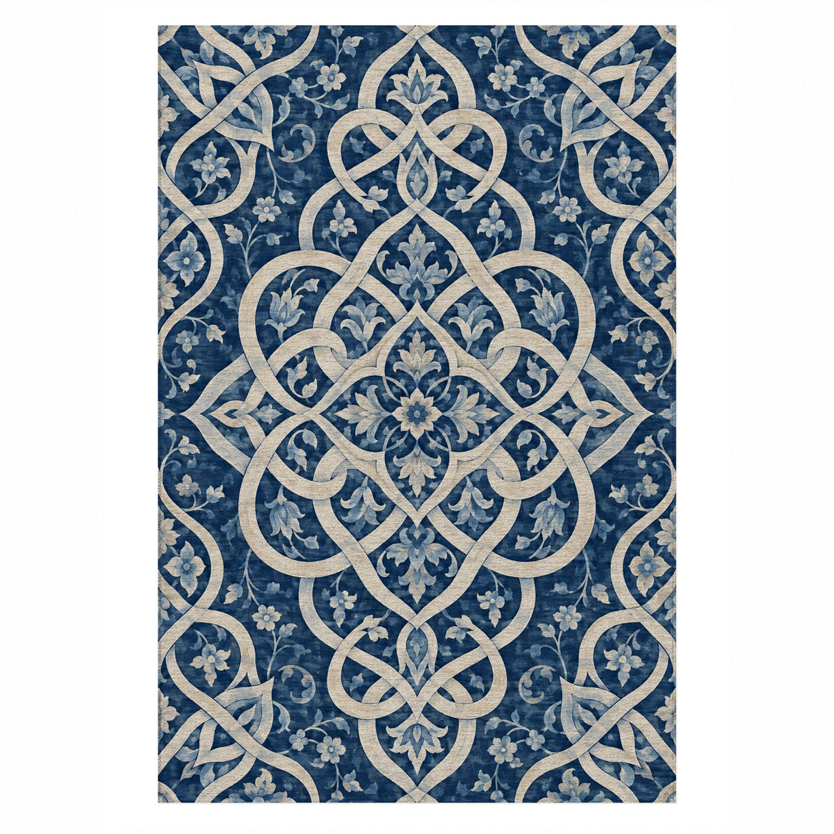 Silken Knots Indigo Ethnic Washable Rug — top view