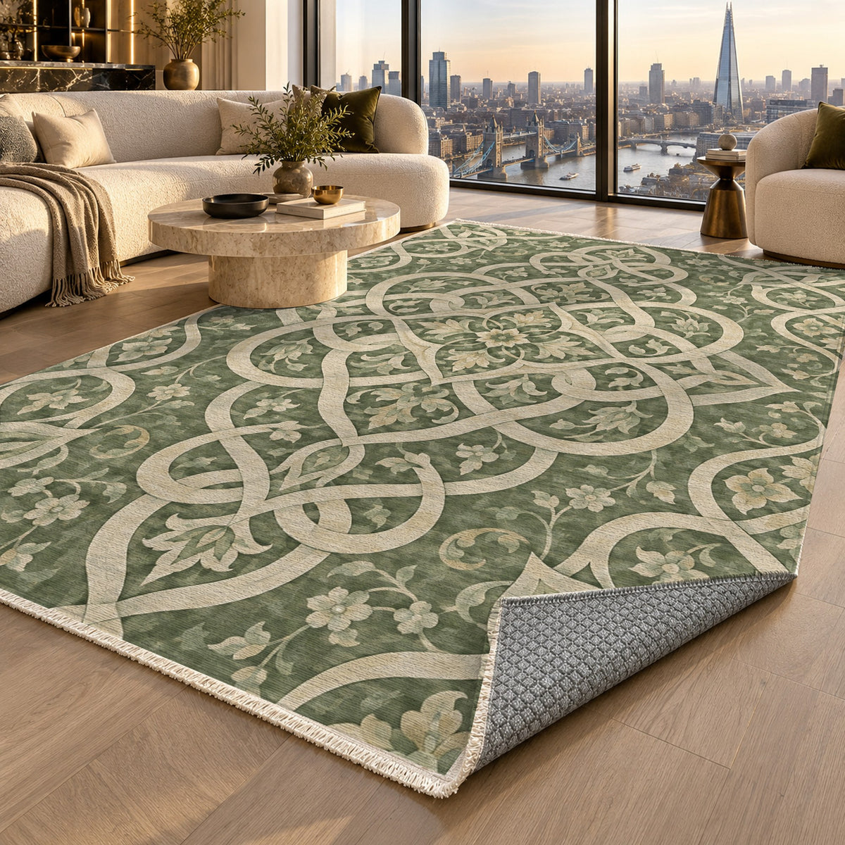 Silken Knots Sage Ethnic Washable Rug — london luxury living