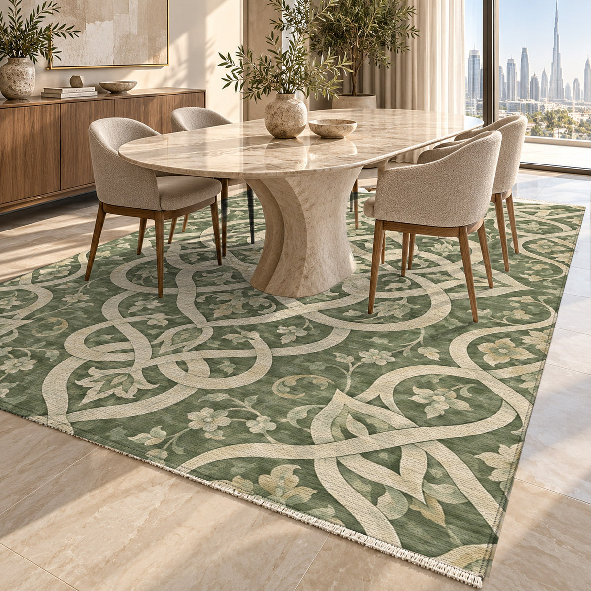 Silken Knots Sage Ethnic Washable Rug — dubai dining