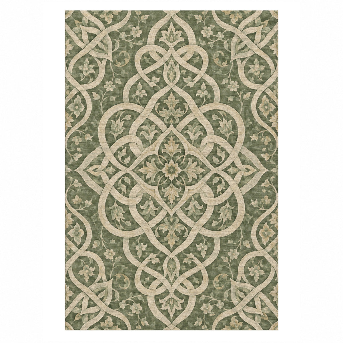 Silken Knots Sage Ethnic Washable Rug — top view