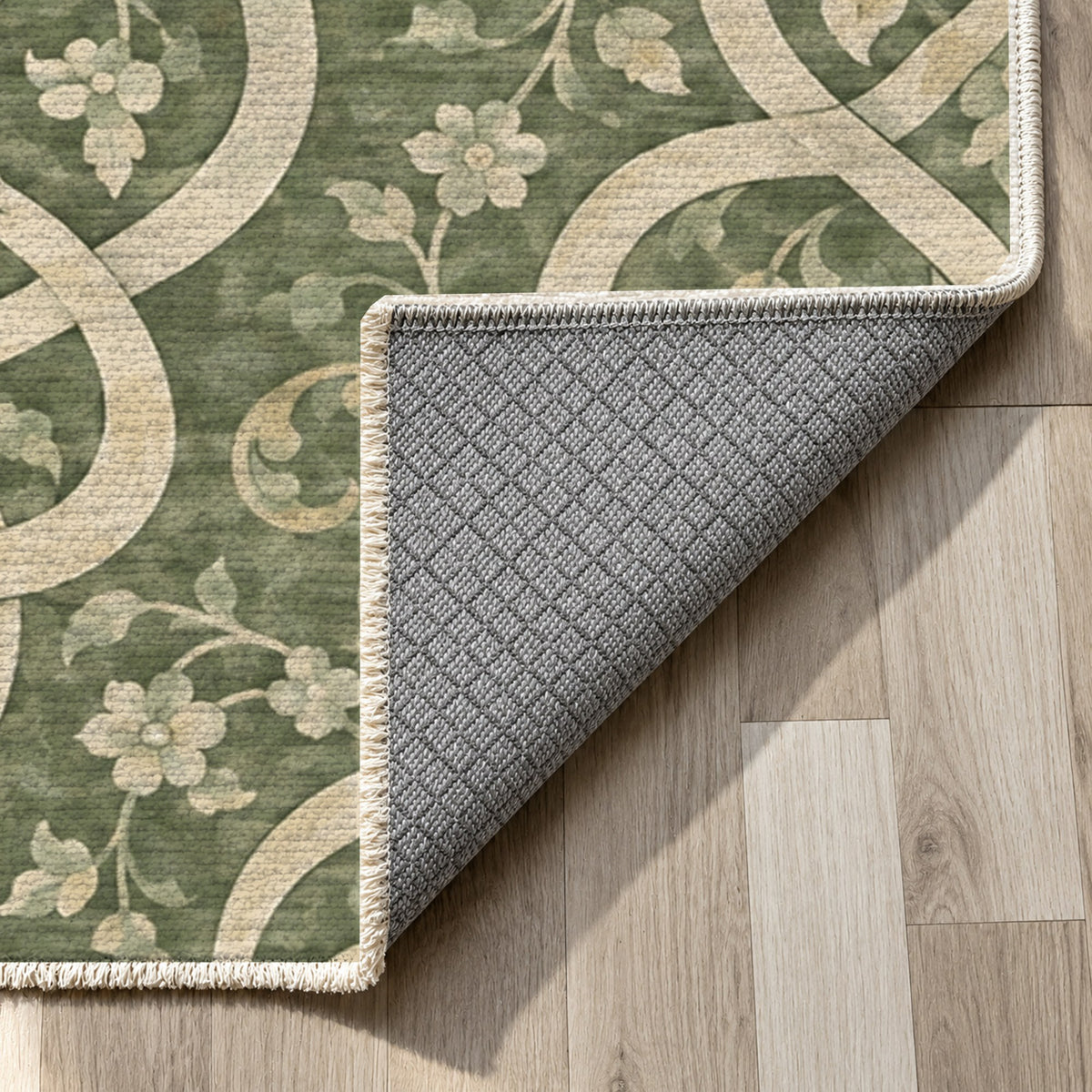 Silken Knots Sage Ethnic Washable Rug — backing close up
