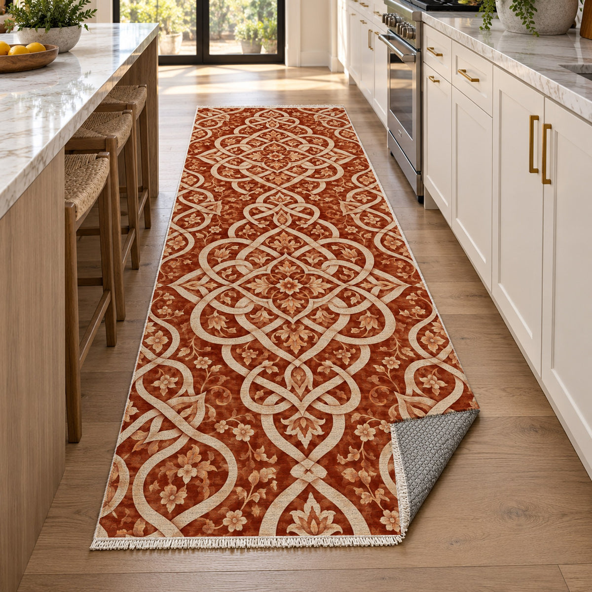 Silken Knots Terracotta Ethnic Washable Rug — new york kitchen runner