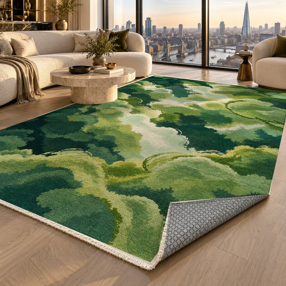 Sky Cloud Green Forest Abstract Washable Rug — london luxury living