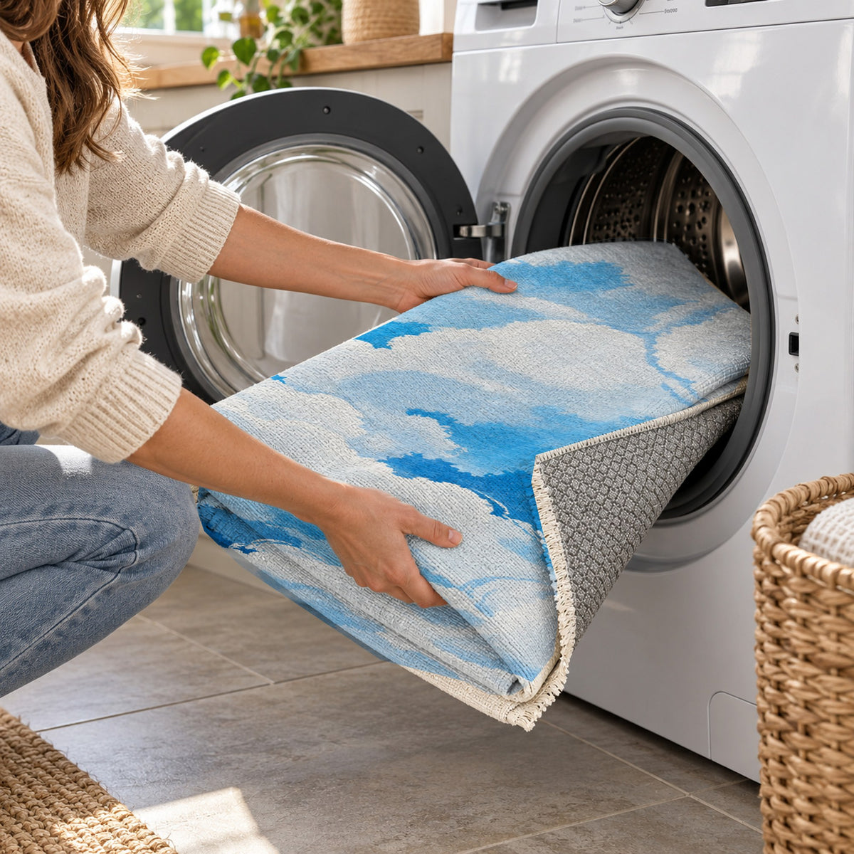Sky Cloud Open Blue Sky Abstract Washable Rug — washing machine