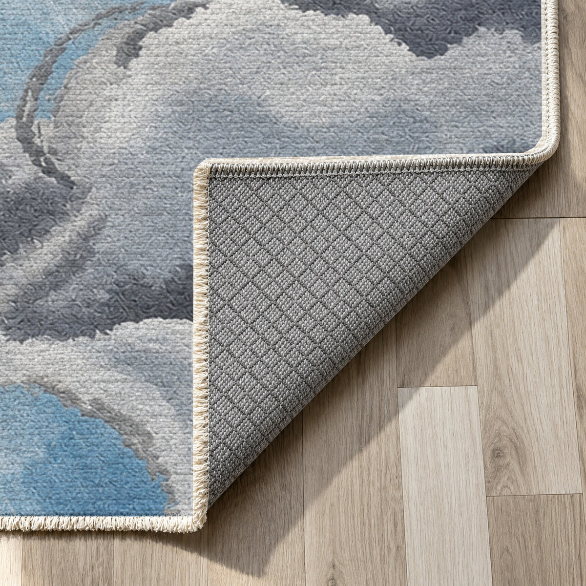 Sky Cloud Rainy Day Abstract Washable Rug — backing close up