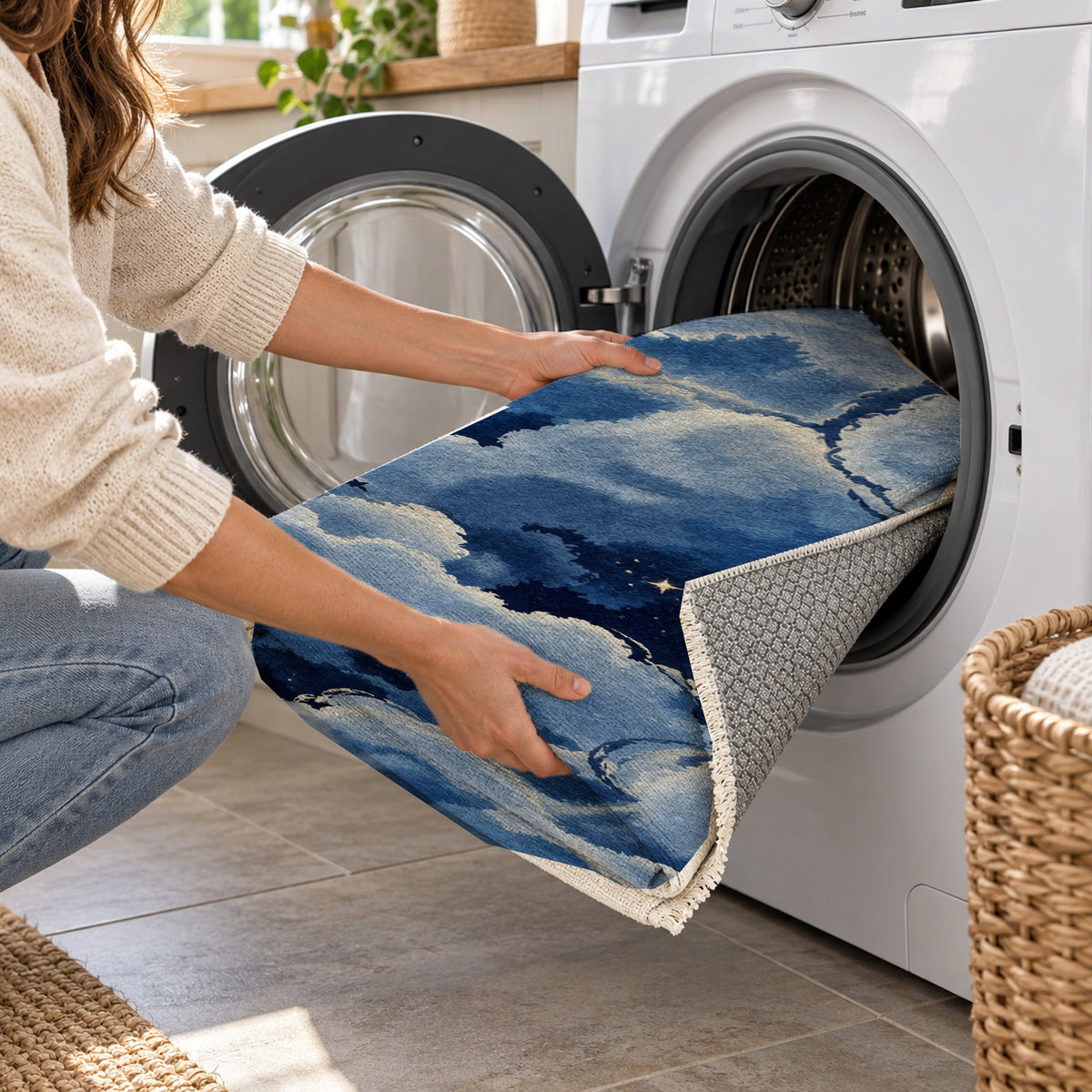 Sky Cloud Starry Night Abstract Washable Rug — washing machine