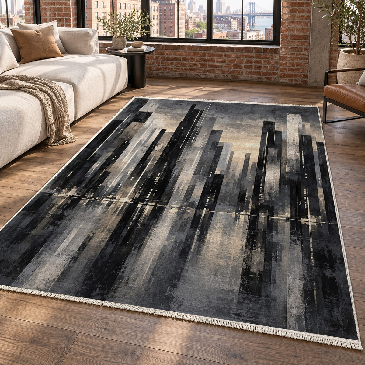 Skyline Fragments Charcoal Modern Washable Rug — new york living