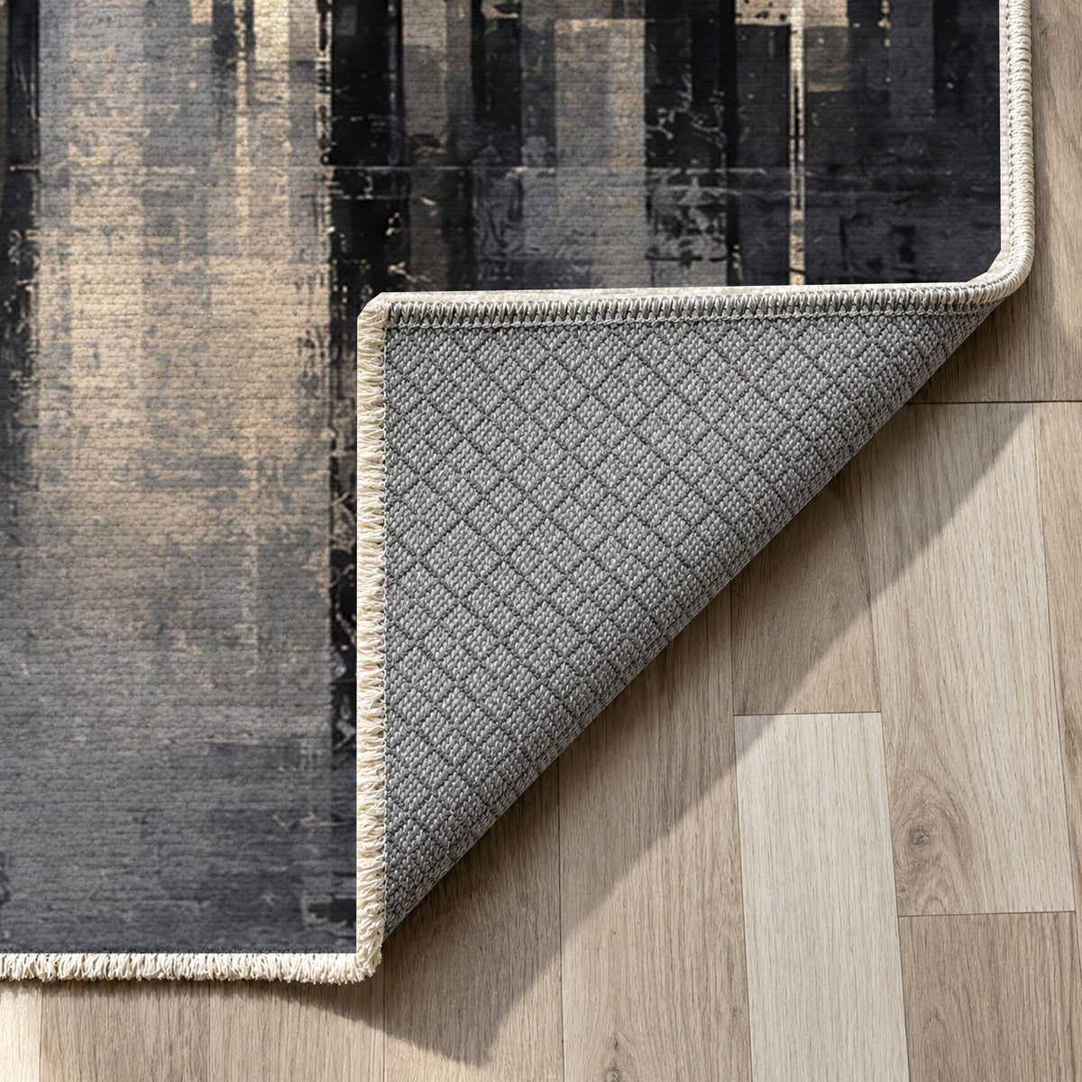 Skyline Fragments Charcoal Modern Washable Rug — backing close up