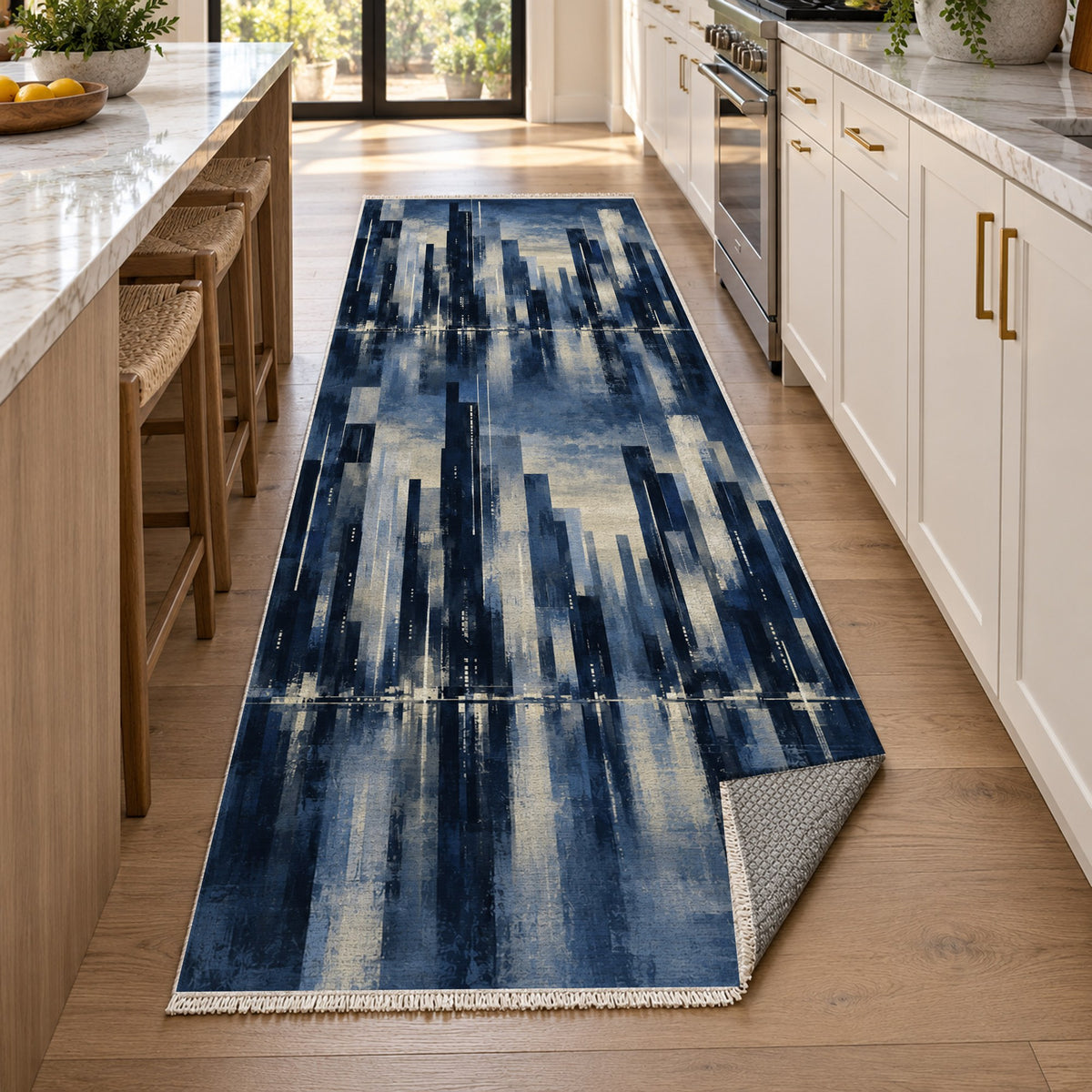 Skyline Fragments Indigo Modern Washable Rug — new york kitchen runner