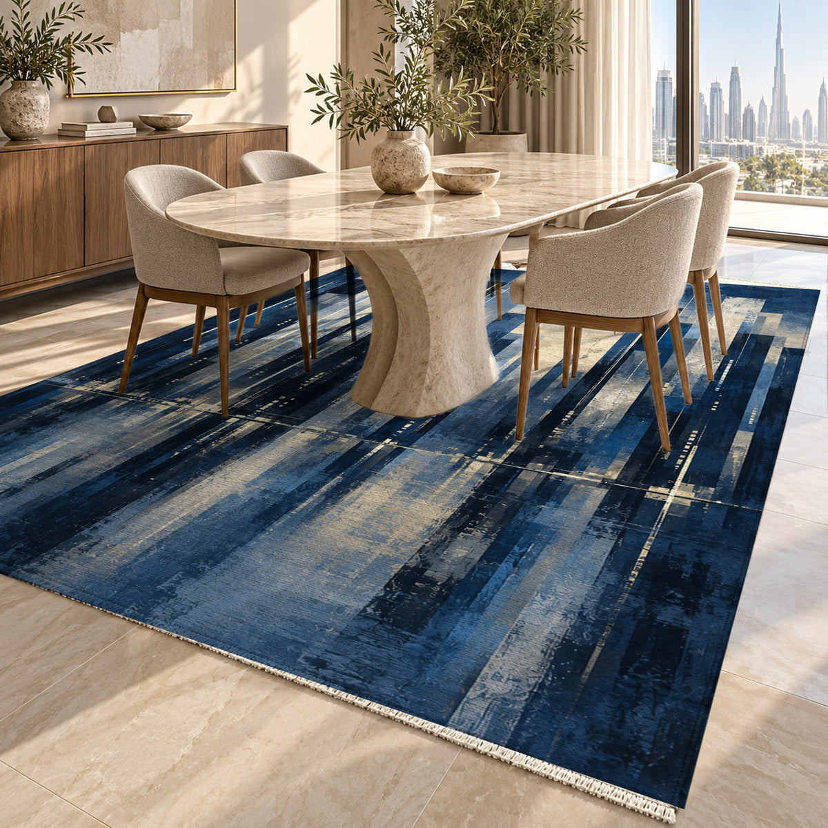 Skyline Fragments Indigo Modern Washable Rug — dubai dining