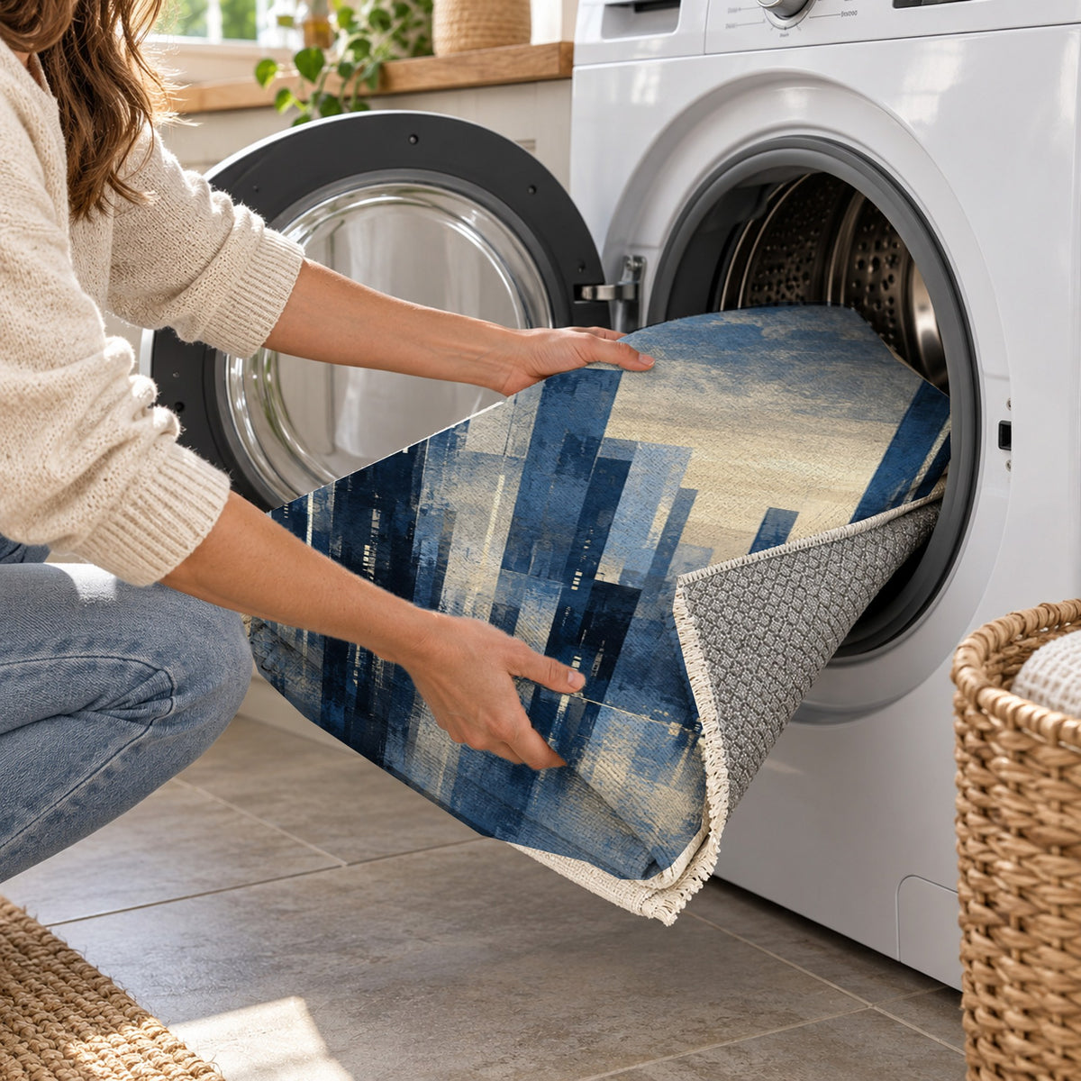 Skyline Fragments Indigo Modern Washable Rug — washing machine