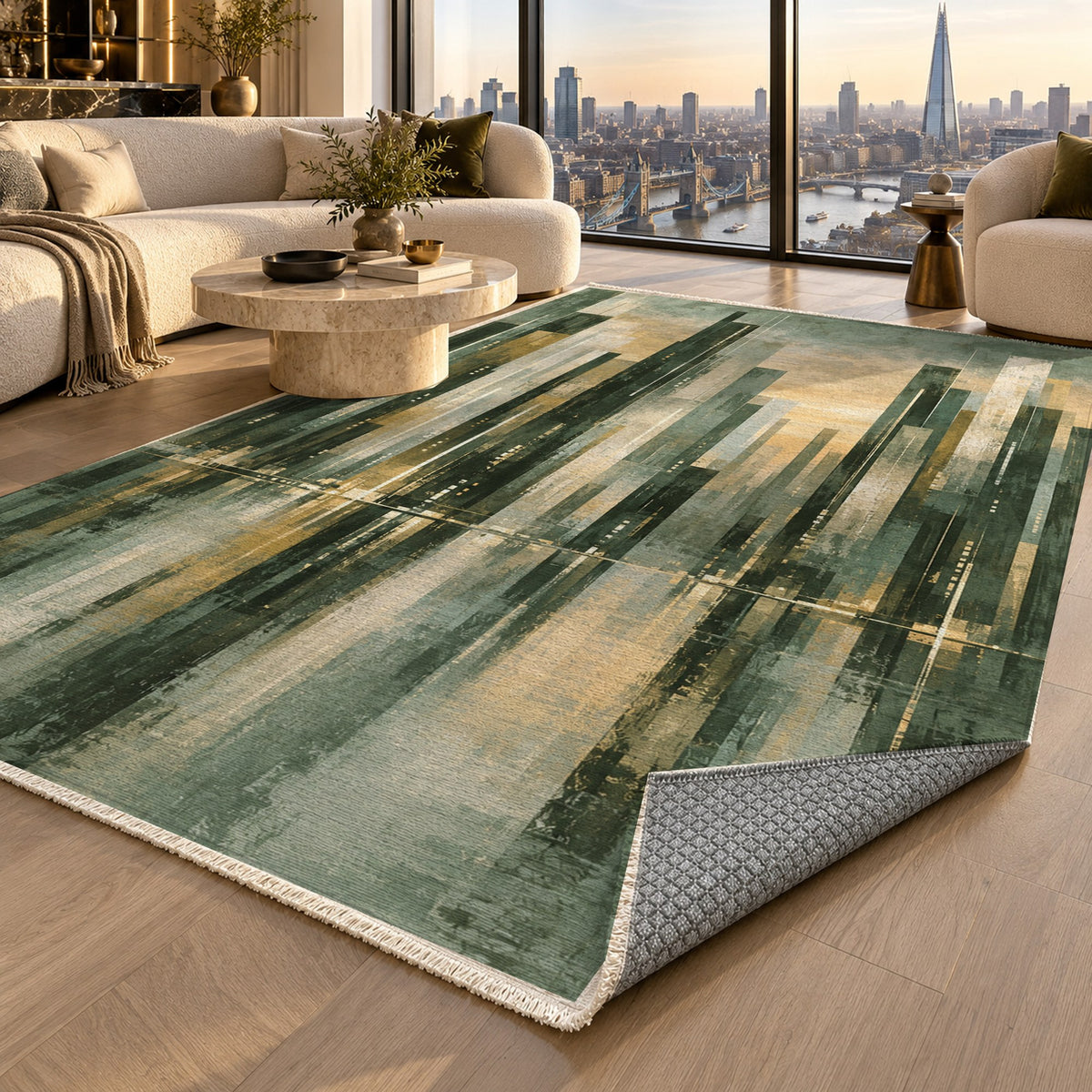 Skyline Fragments Sage Modern Washable Rug — london luxury living