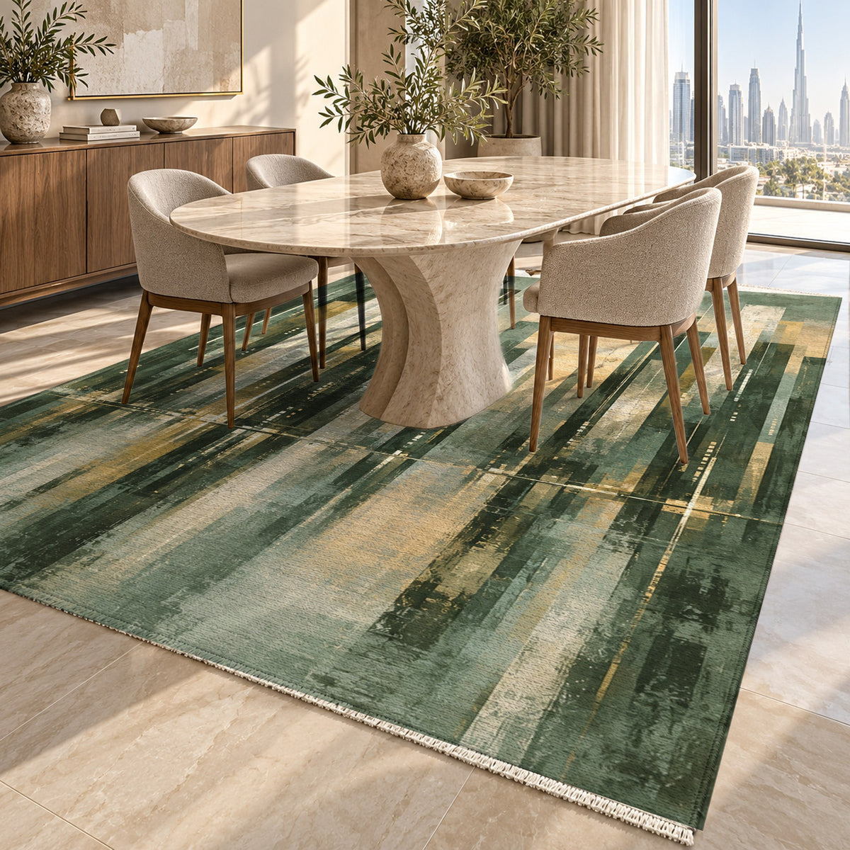Skyline Fragments Sage Modern Washable Rug — dubai dining