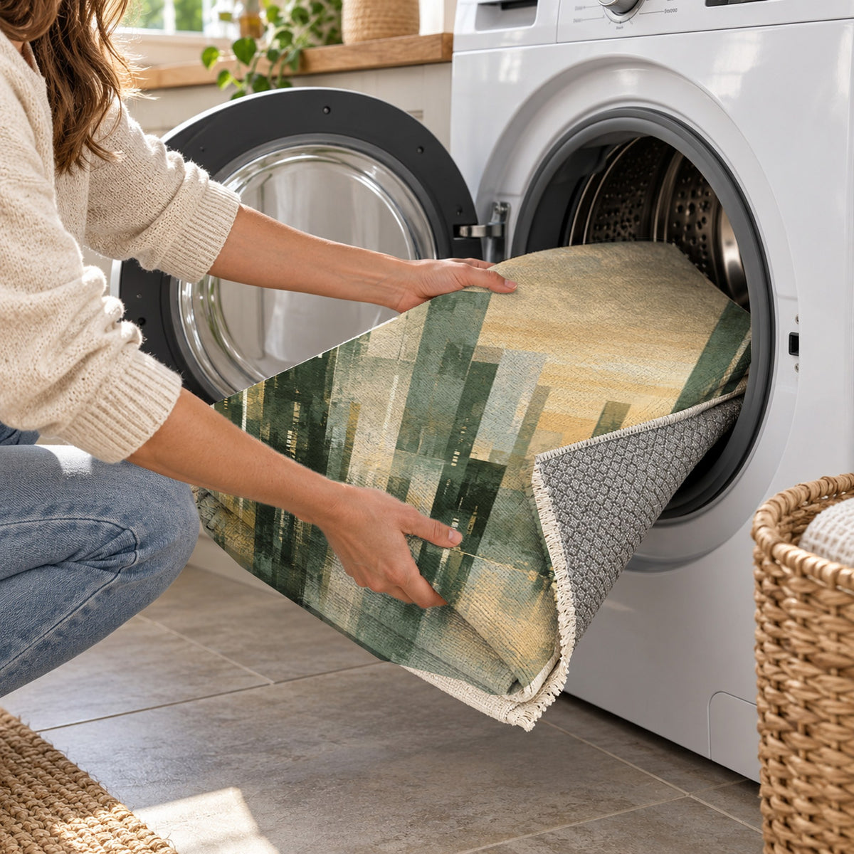 Skyline Fragments Sage Modern Washable Rug — washing machine