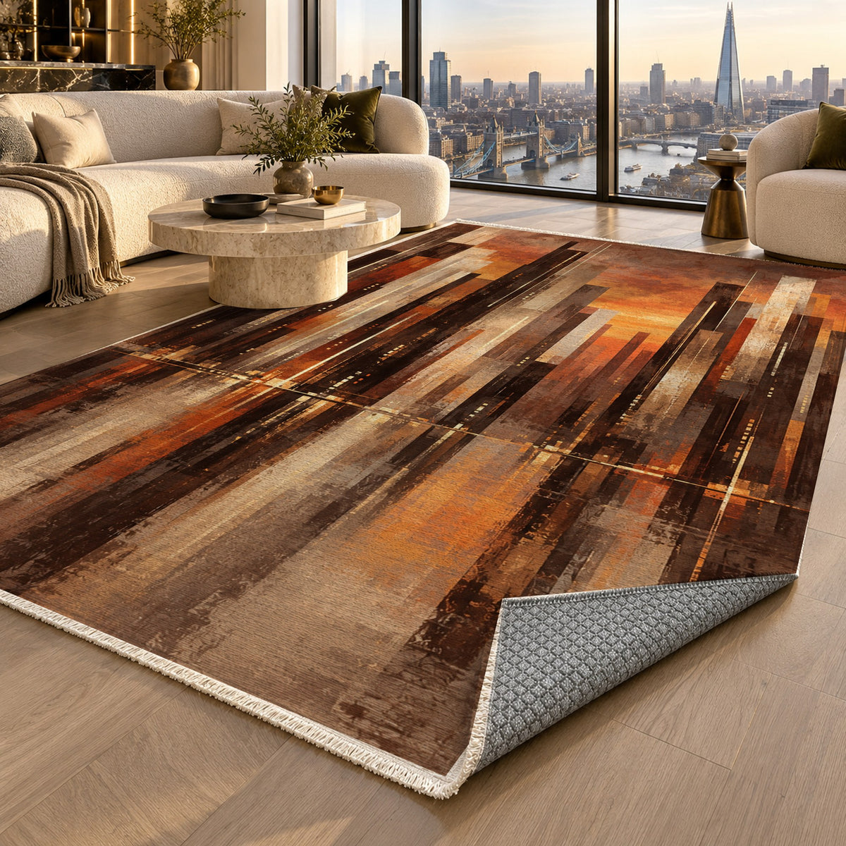 Skyline Fragments Terracotta Modern Washable Rug — london luxury living