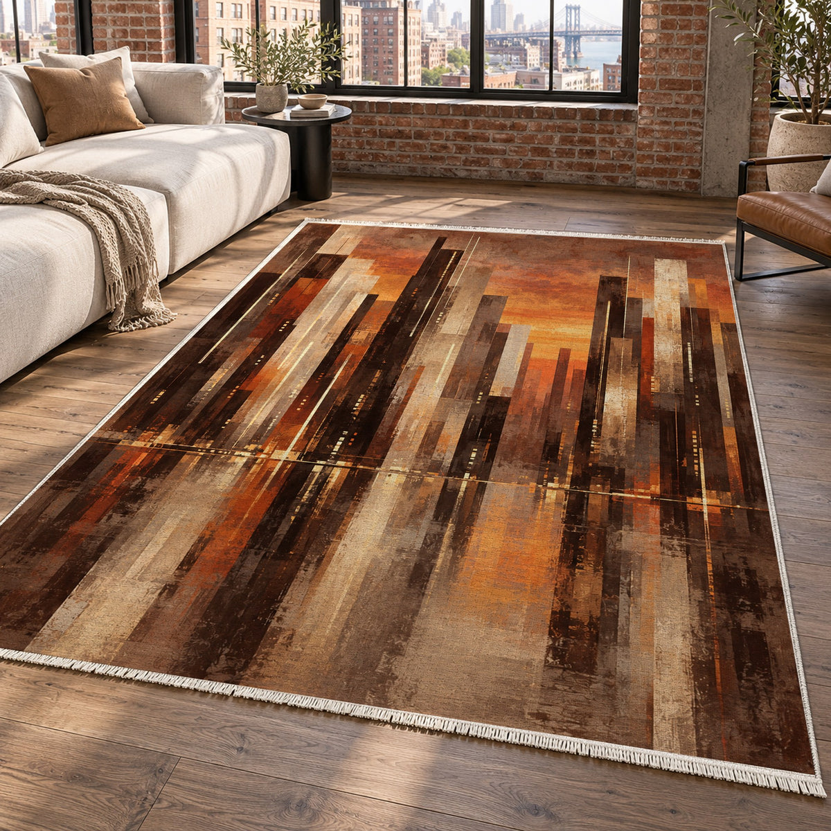 Skyline Fragments Terracotta Modern Washable Rug — new york living