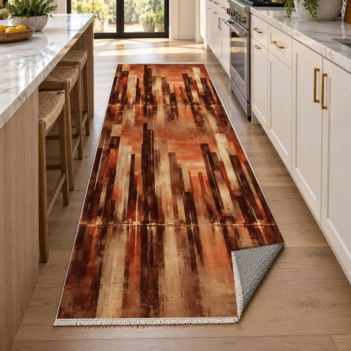 Skyline Fragments Terracotta Modern Washable Rug — new york kitchen runner