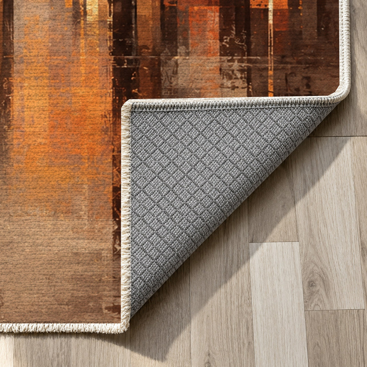 Skyline Fragments Terracotta Modern Washable Rug — backing close up