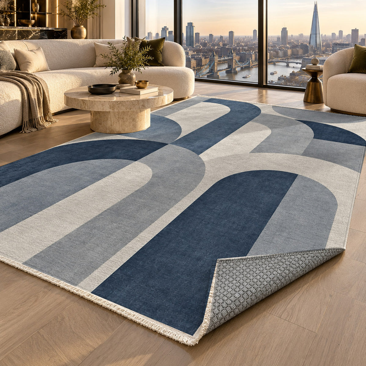 Soft Arches Blue Grey Modern Washable Rug — london luxury living