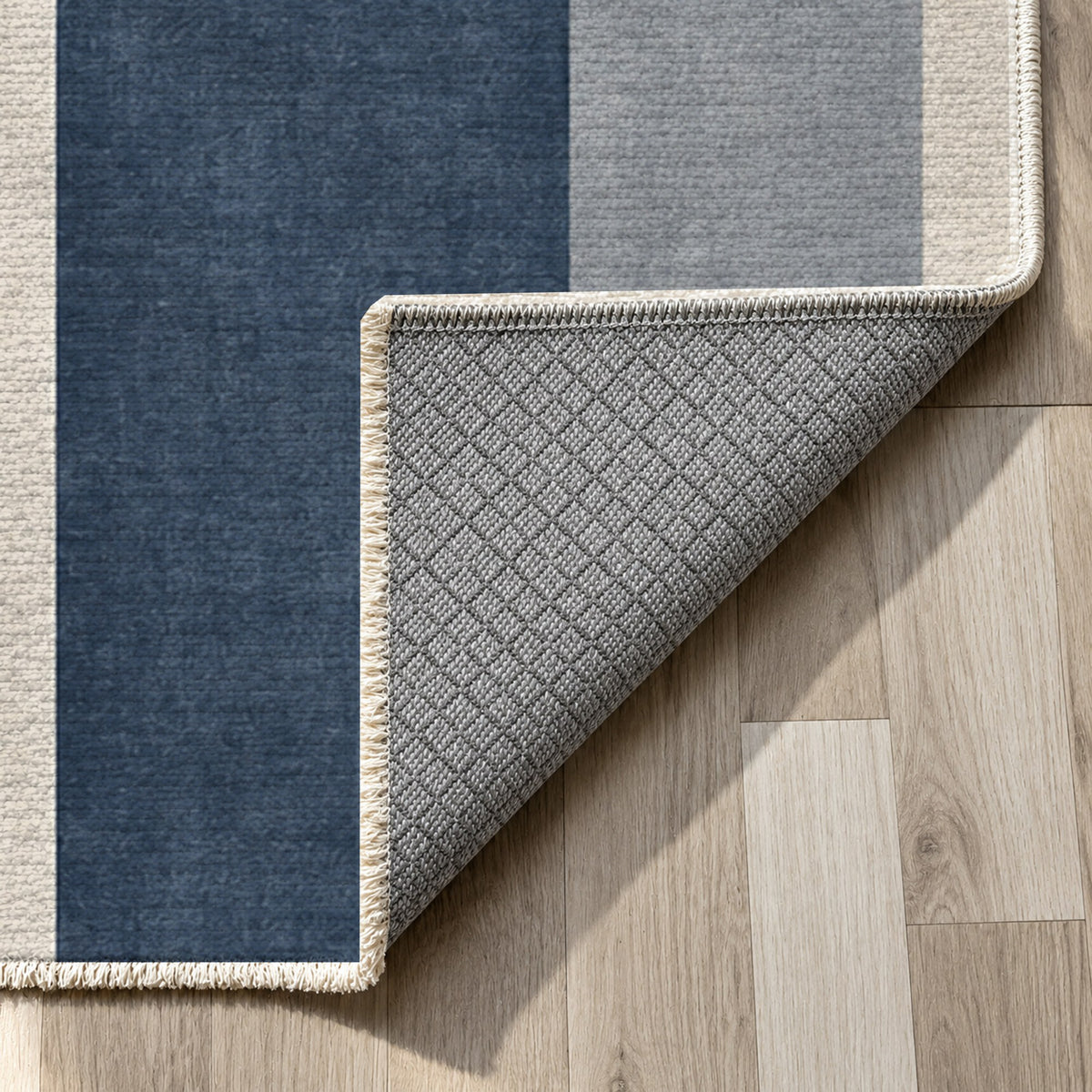 Soft Arches Blue Grey Modern Washable Rug — backing close up
