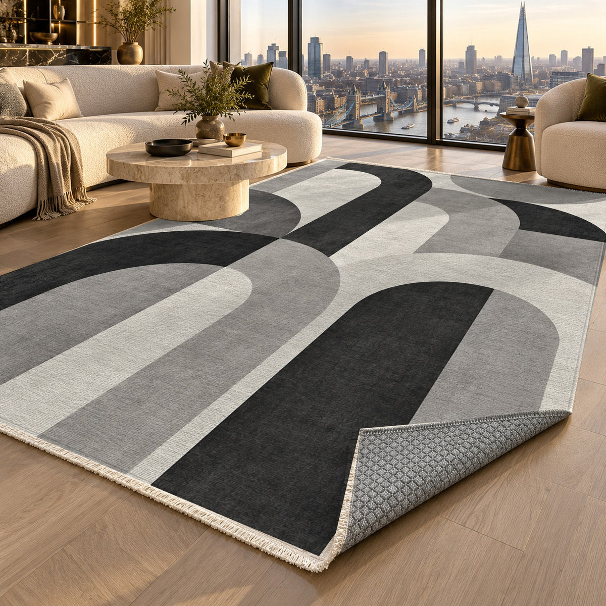 Soft Arches Charcoal Ivory Modern Washable Rug — london luxury living