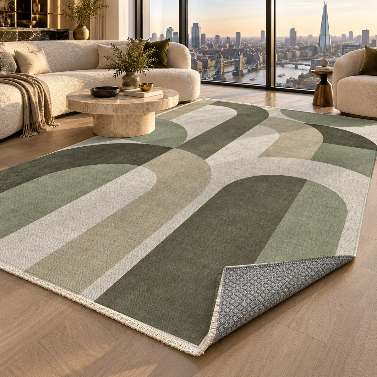 Soft Arches Sage Sand Modern Washable Rug — london luxury living