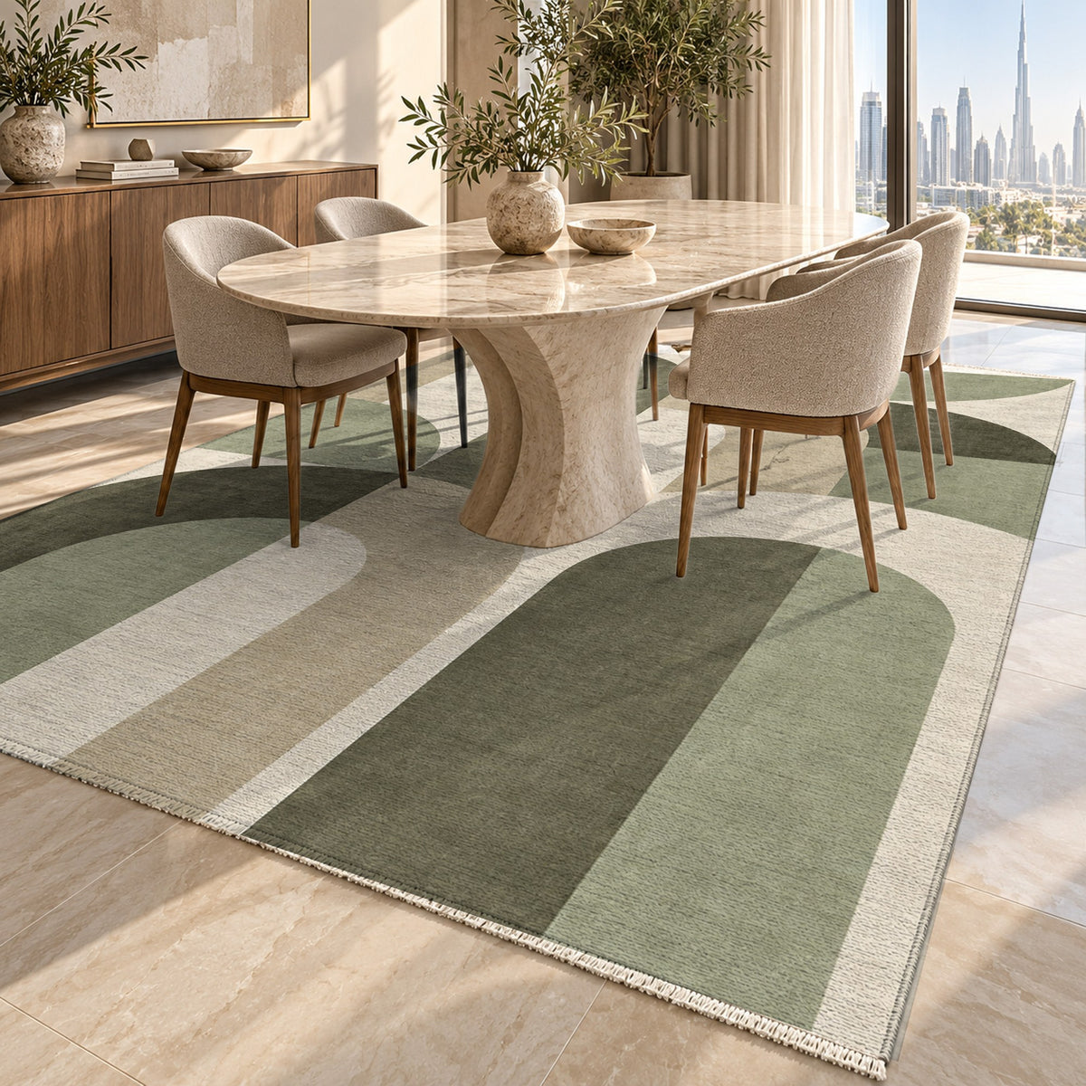 Soft Arches Sage Sand Modern Washable Rug — dubai dining