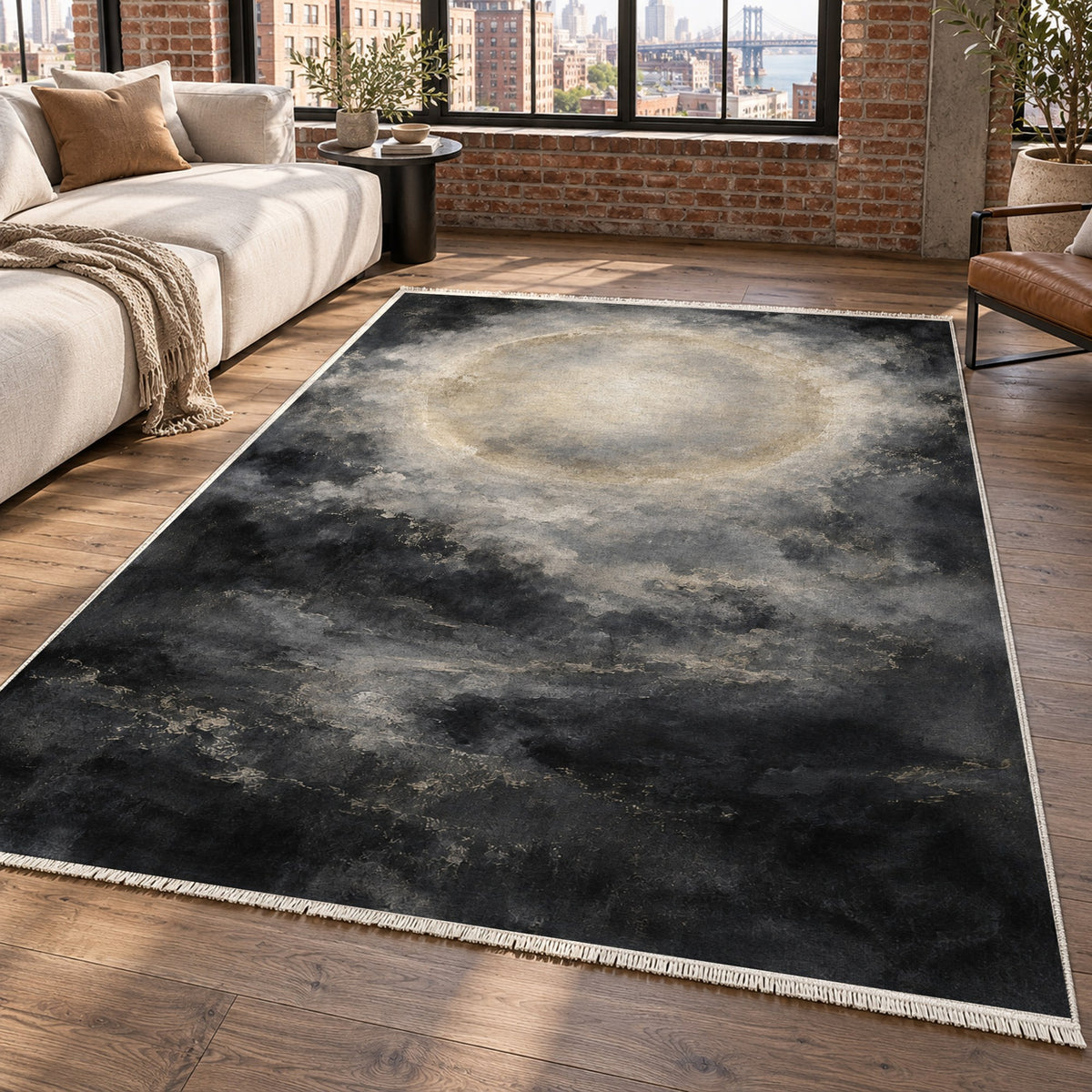 Solar Halo Charcoal Abstract Washable Rug — new york living