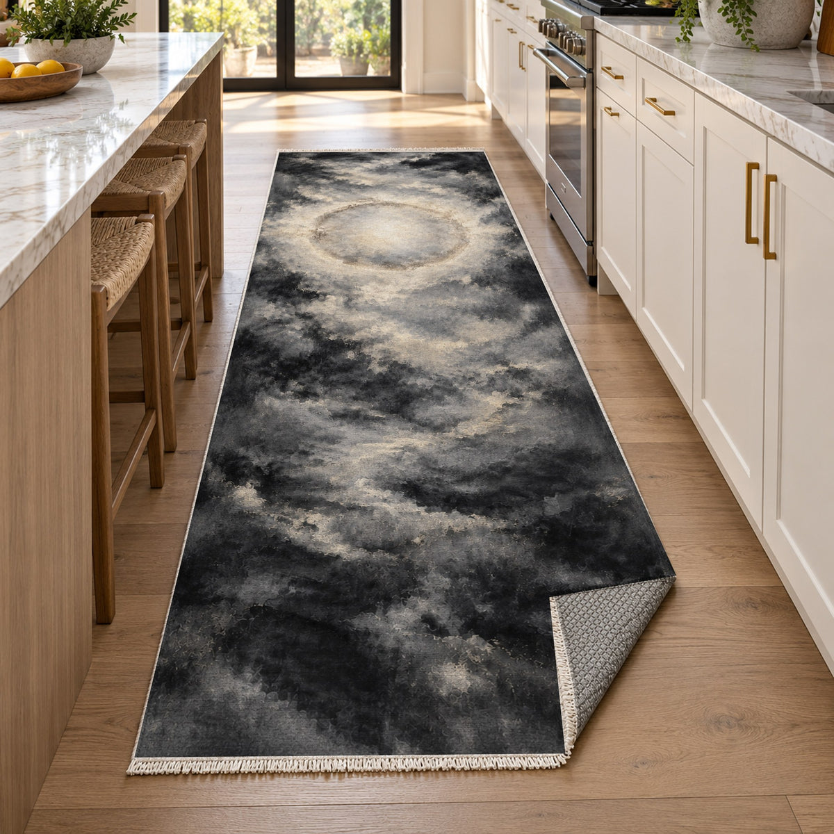 Solar Halo Charcoal Abstract Washable Rug — new york kitchen runner