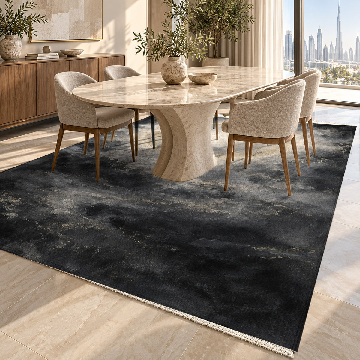 Solar Halo Charcoal Abstract Washable Rug — dubai dining