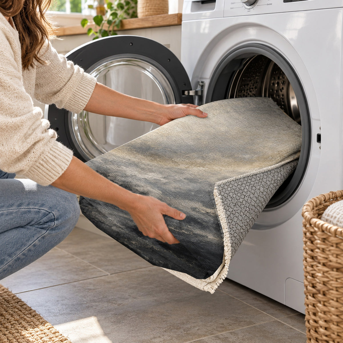 Solar Halo Charcoal Abstract Washable Rug — washing machine
