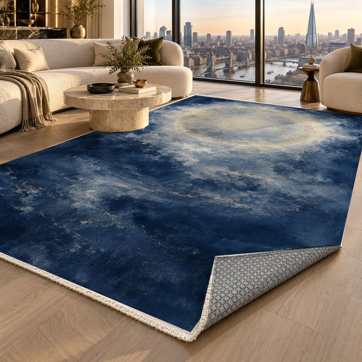 Solar Halo Indigo Abstract Washable Rug — london luxury living