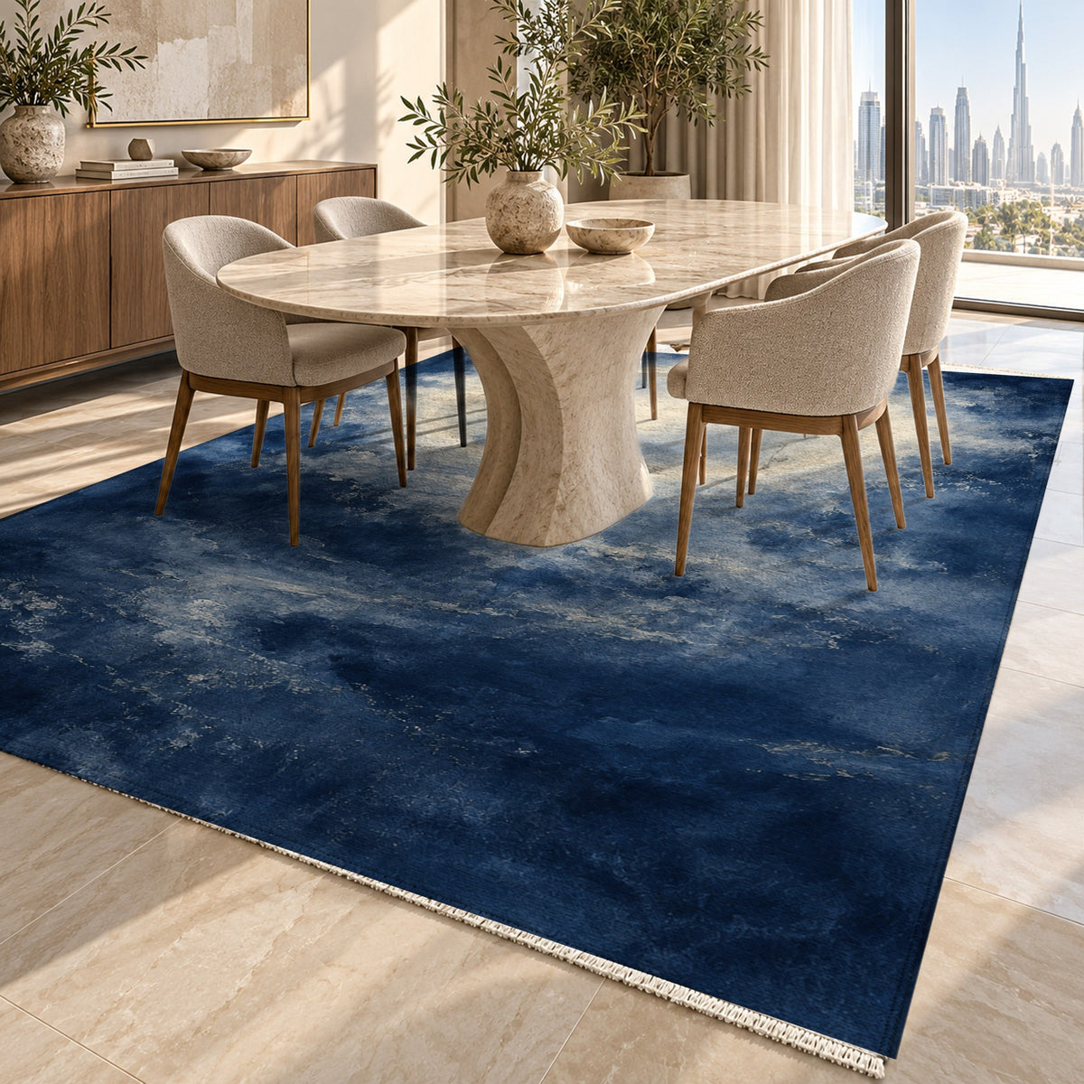 Solar Halo Indigo Abstract Washable Rug — dubai dining