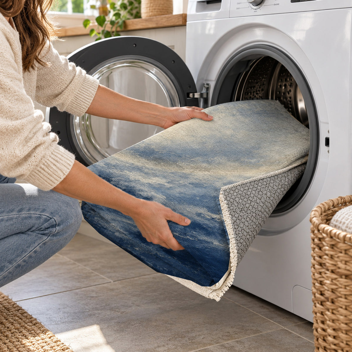 Solar Halo Indigo Abstract Washable Rug — washing machine