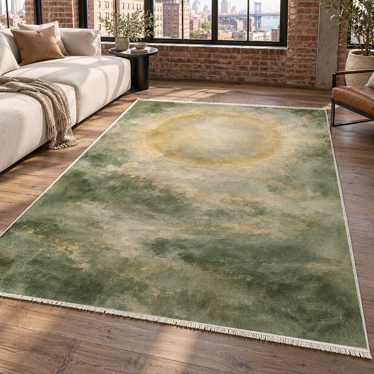 Solar Halo Sage Abstract Washable Rug — new york living