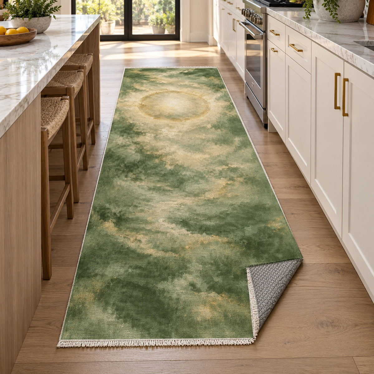 Solar Halo Sage Abstract Washable Rug — new york kitchen runner