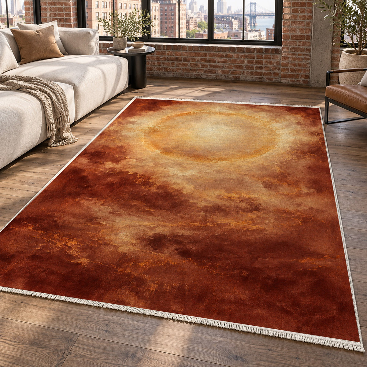 Solar Halo Terracotta Abstract Washable Rug — new york living