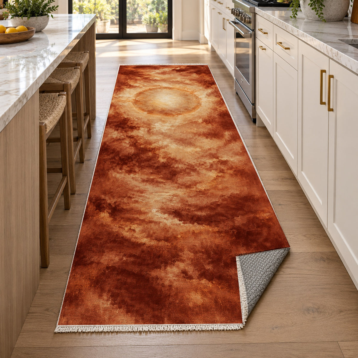 Solar Halo Terracotta Abstract Washable Rug — new york kitchen runner