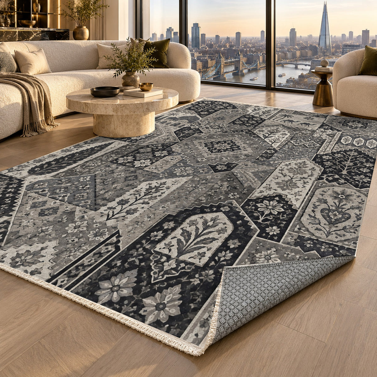 Spice Market Charcoal Ethnic Washable Rug — london luxury living