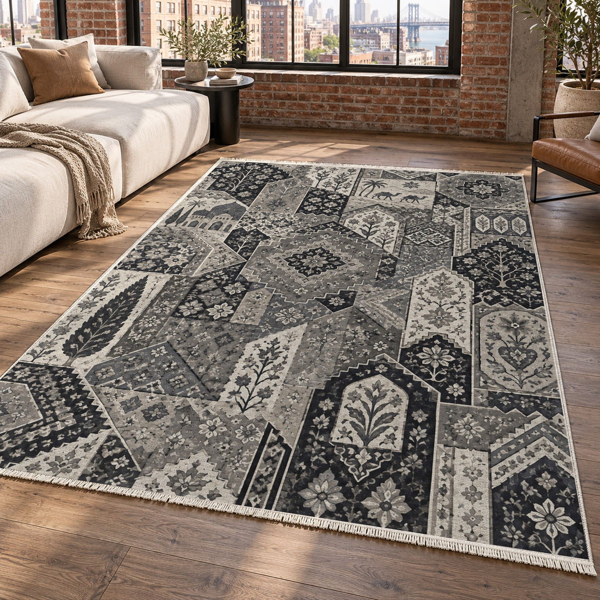 Spice Market Charcoal Ethnic Washable Rug — new york living